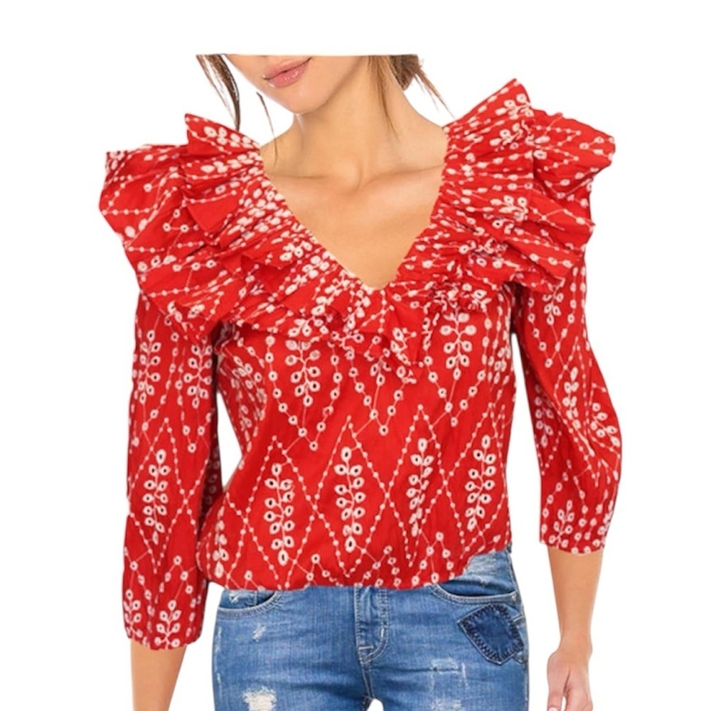 ZARA Women’s Red Embroidered Ruffle Shoulder Long Sleeve Blouse Size S